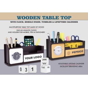 101-A132*Wooden Table Top With Clock, Mobile Stand, Tumbler, And Lifetime Calendar