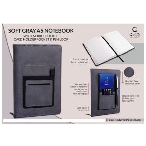 101-B113*Soft Gray A5 notebook with mobile pocket card holder pocket
