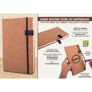 101-B124*Hard bound Cork A5 notebook with Pen Drive Slot, Ribbon and elastic fastener