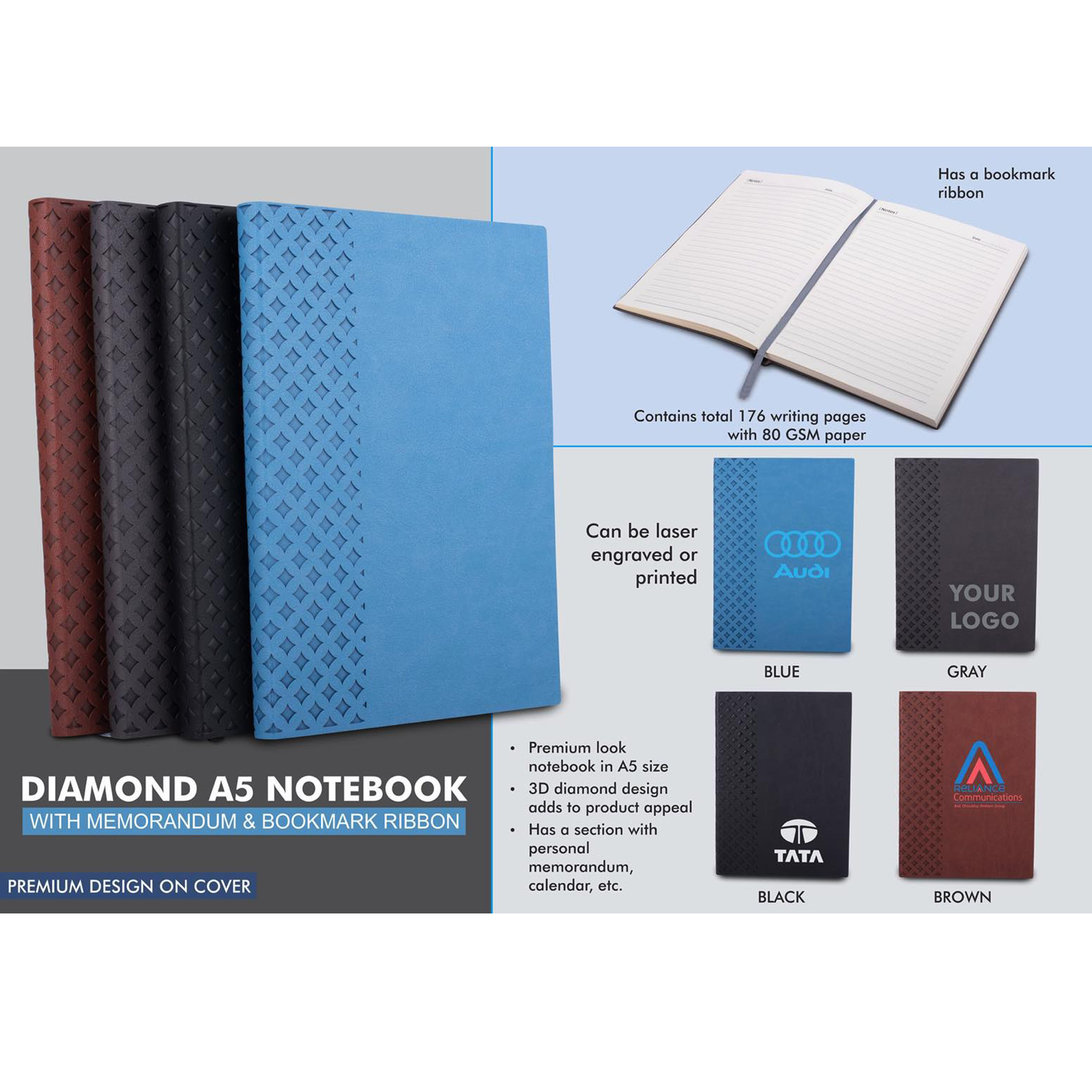 101-B128*Diamond A5 notebook with memorandum & Bookmark ribbon