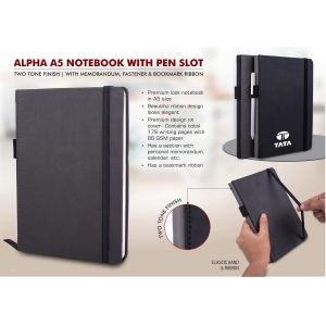 101-B130*Alpha A5 Notebook With Pen Slot | Two Tone Finish | With Memorandum, Fastener & Bookmark Ribbon