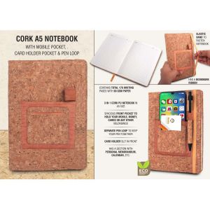 101-B132*Cork A5 notebook with mobile pocket card holder pocket & pen loop