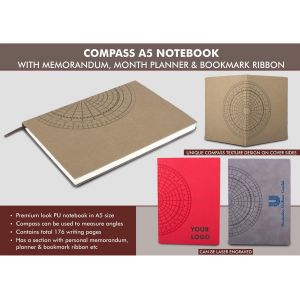 101-B133*Compass A5 notebook with memorandum month planner & bookmark ribbon  176 writing pages