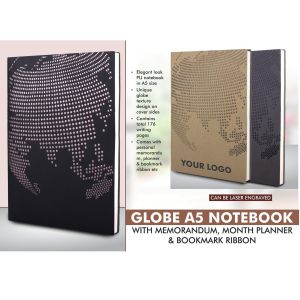 101-B134*Globe A5 Notebook With Memorandum, Month Planner & Bookmark Ribbon | 176 Date Pages