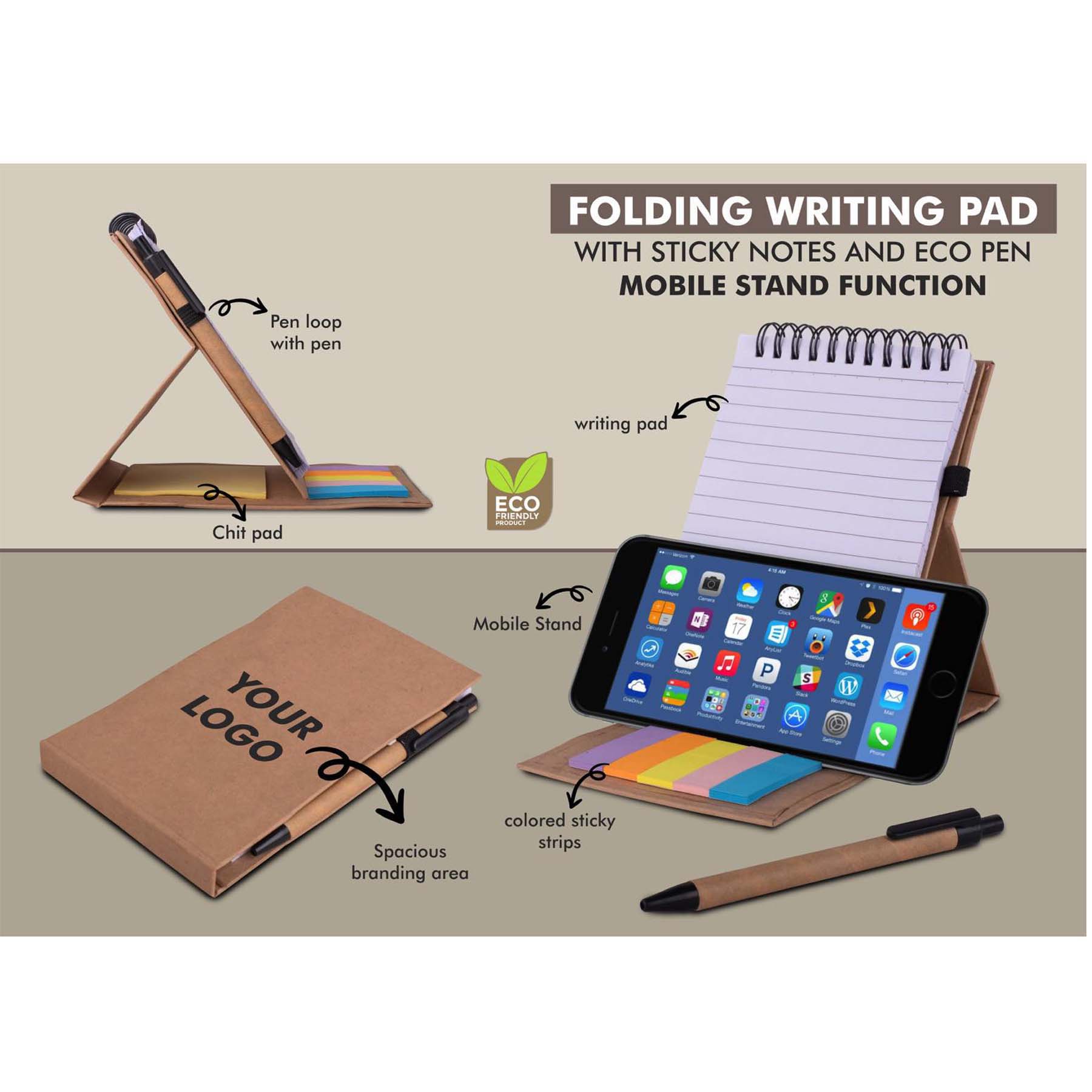 101-B143*Folding writing pad with Sticky notes and Eco pen Mobile stand function