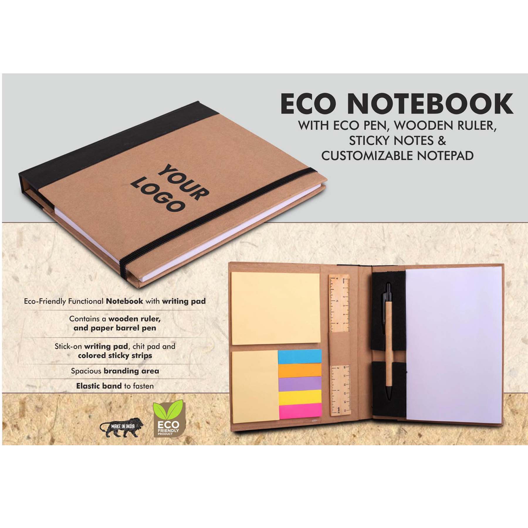 101-B144*Eco Notebook with Eco Pen Wooden Ruler and Sticky notes