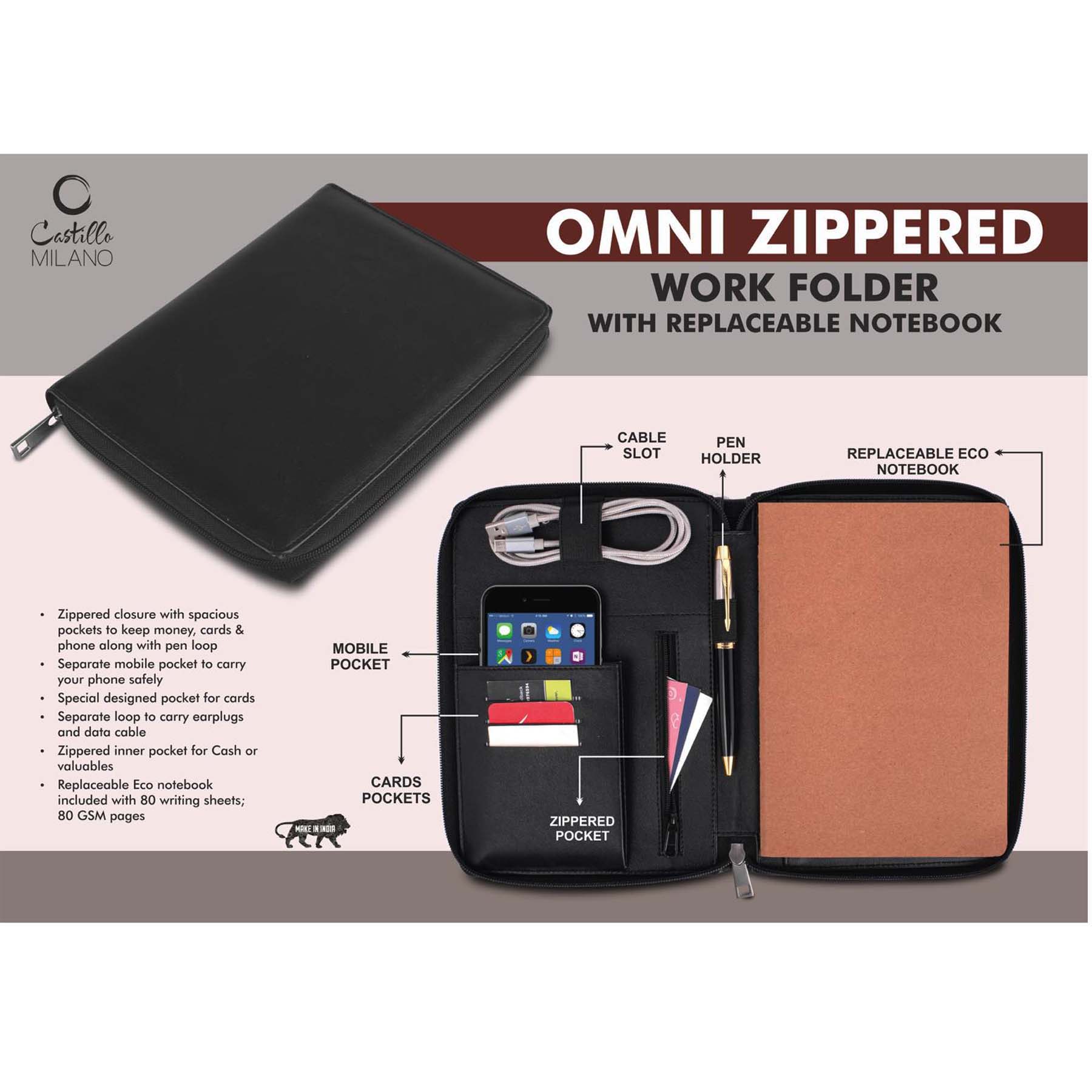 101-B146*Omni Zippered Work folder with Notebook Pockets for cards phone pen cables etc