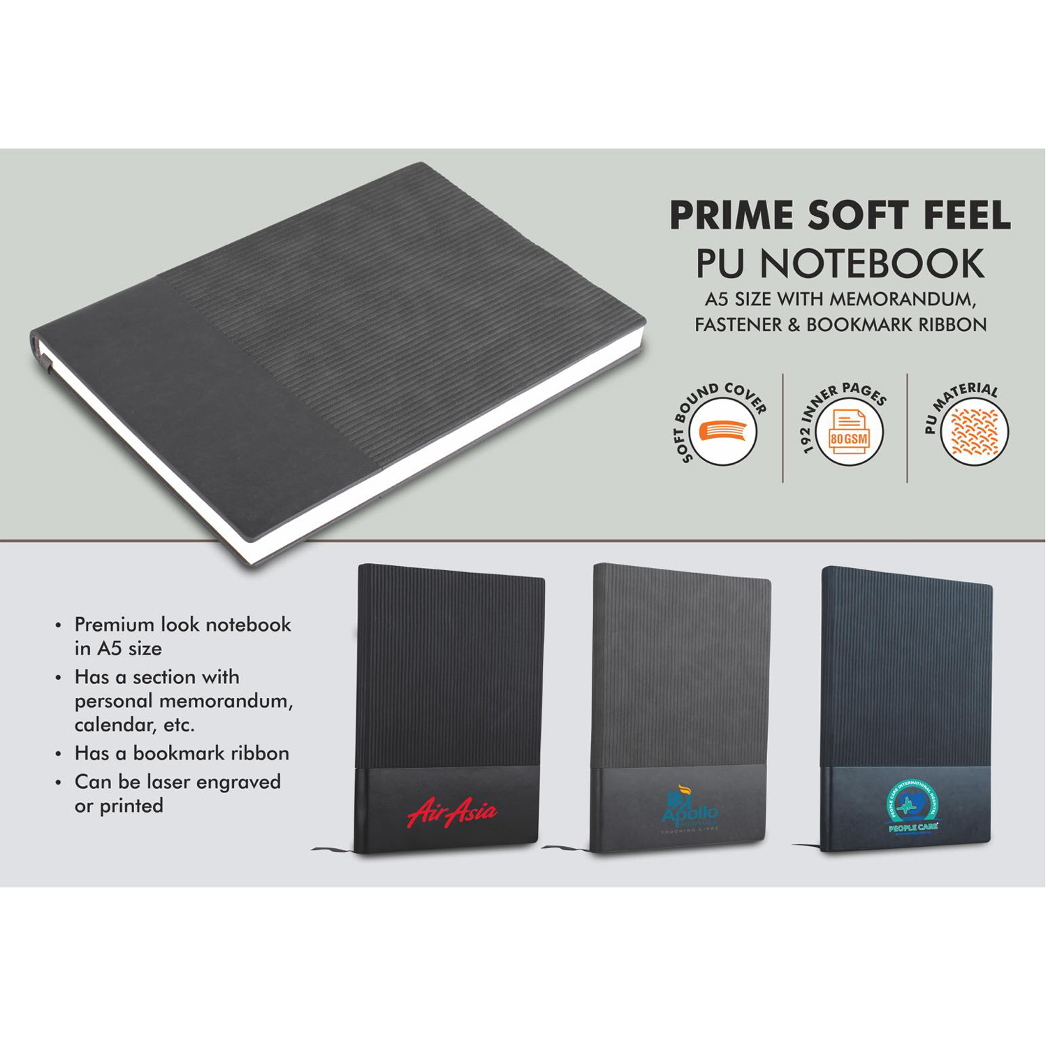 101-B147*Prime Soft feel PU notebook A5 size With memorandum & Bookmark ribbon