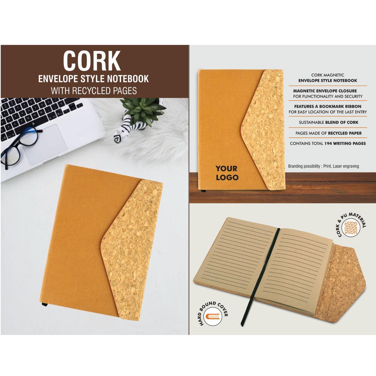 101-B150A*Cork Magnetic Envelope style Notebook with recycled pages