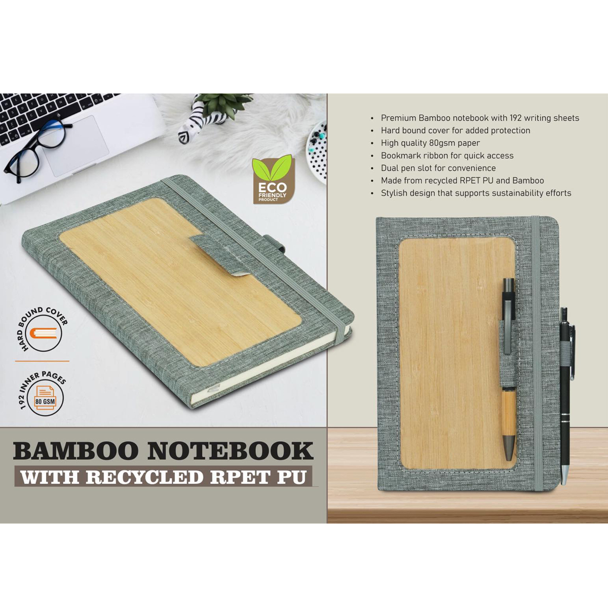 101-B178*Bamboo notebook with recycled RPET PU 192 writing sheets