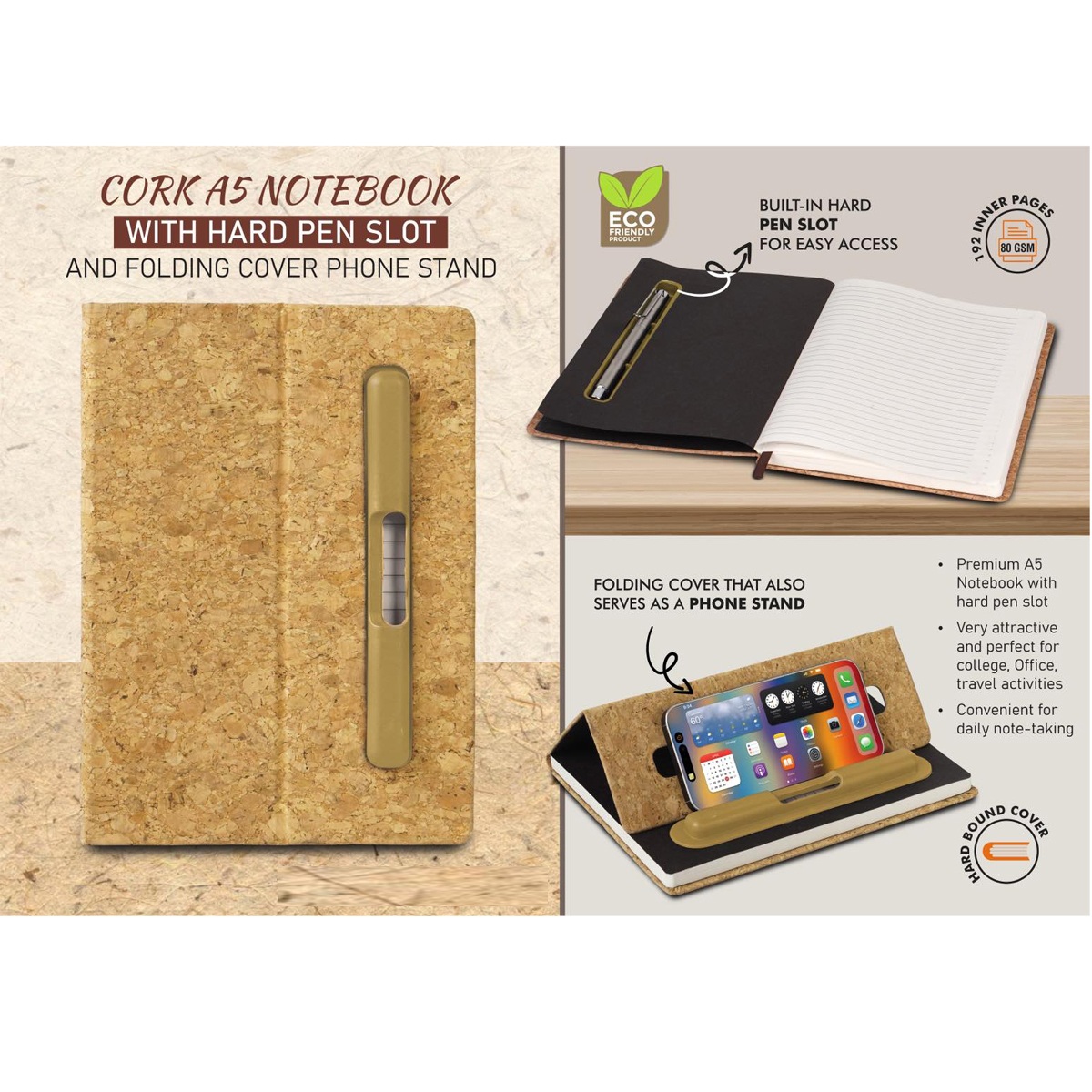 101-B180*Cork A5 Notebook with Hard pen slot and Folding cover Phone Stand