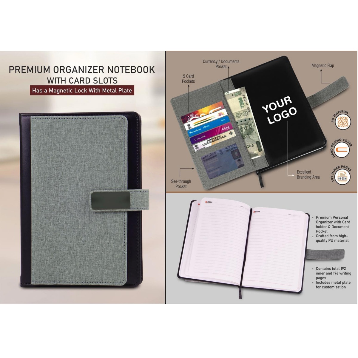101-B185*Premium Organizer notebook with card slots Magnetic Lock with Metal plate