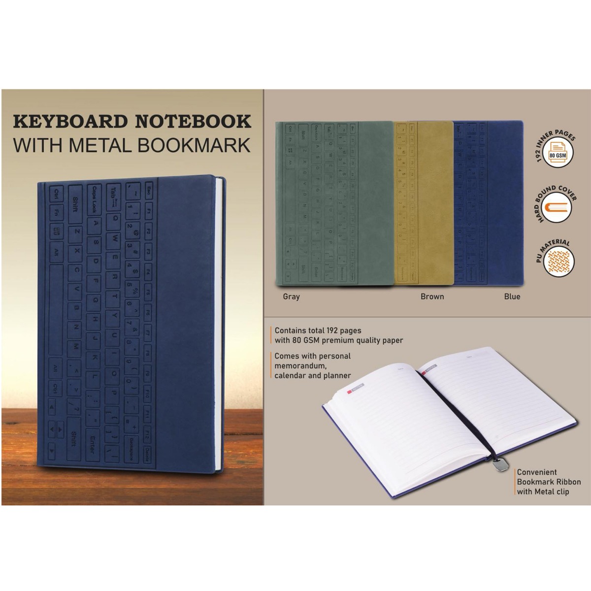 101-B186*Keyboard notebook with metal Bookmark Hard bound cover
