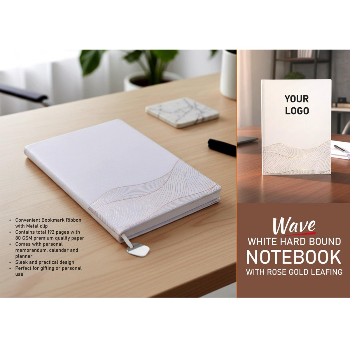101-B188*Wave White Hard bound notebook with Rose gold leafing