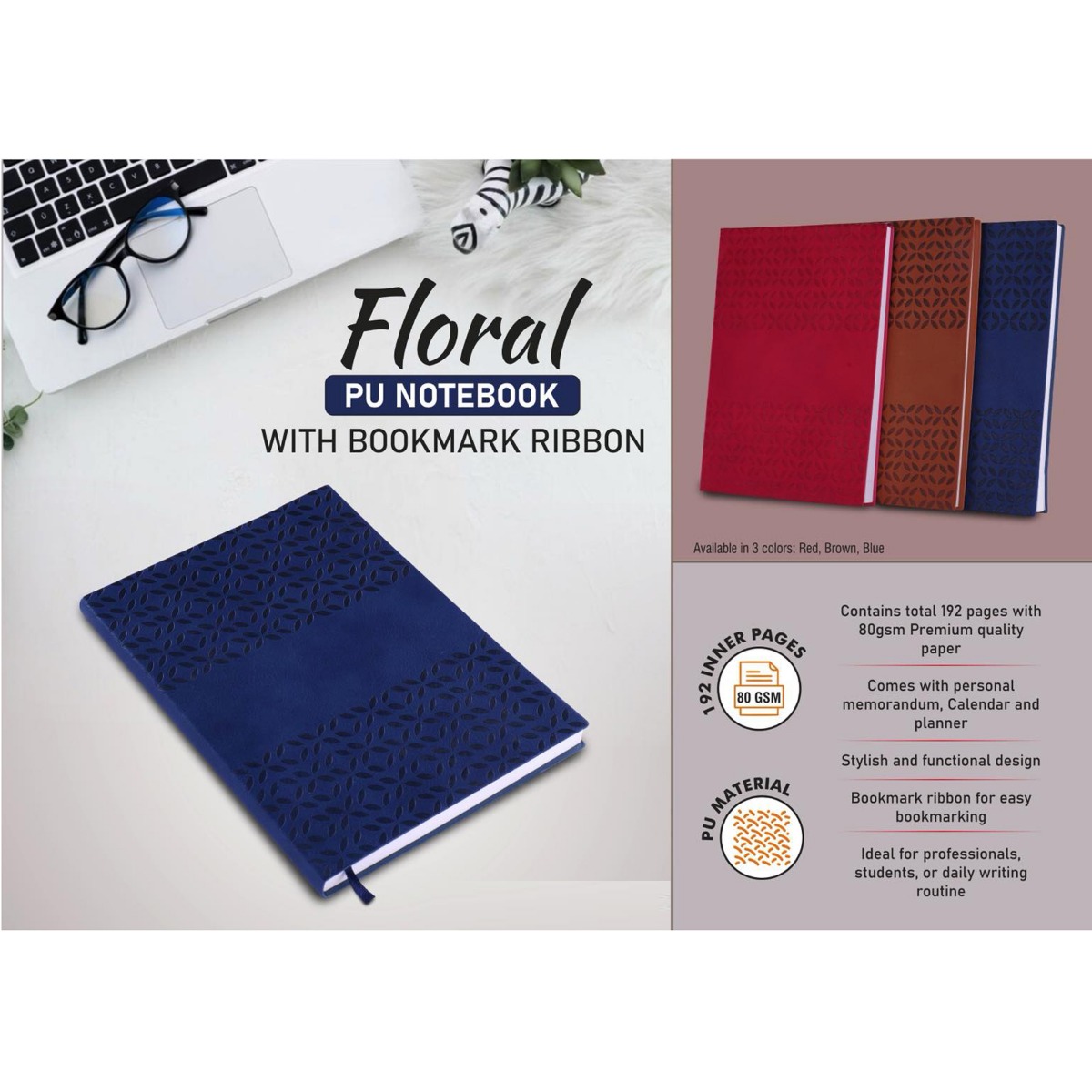 101-B191*Floral PU notebook with bookmark ribbon