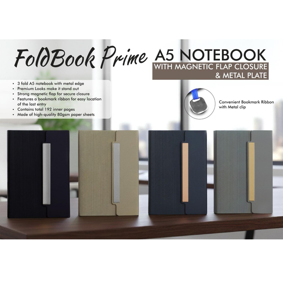101-B200*FoldBook Prime A5 Notebook with magnetic flap closure and Metal Plate A5 size