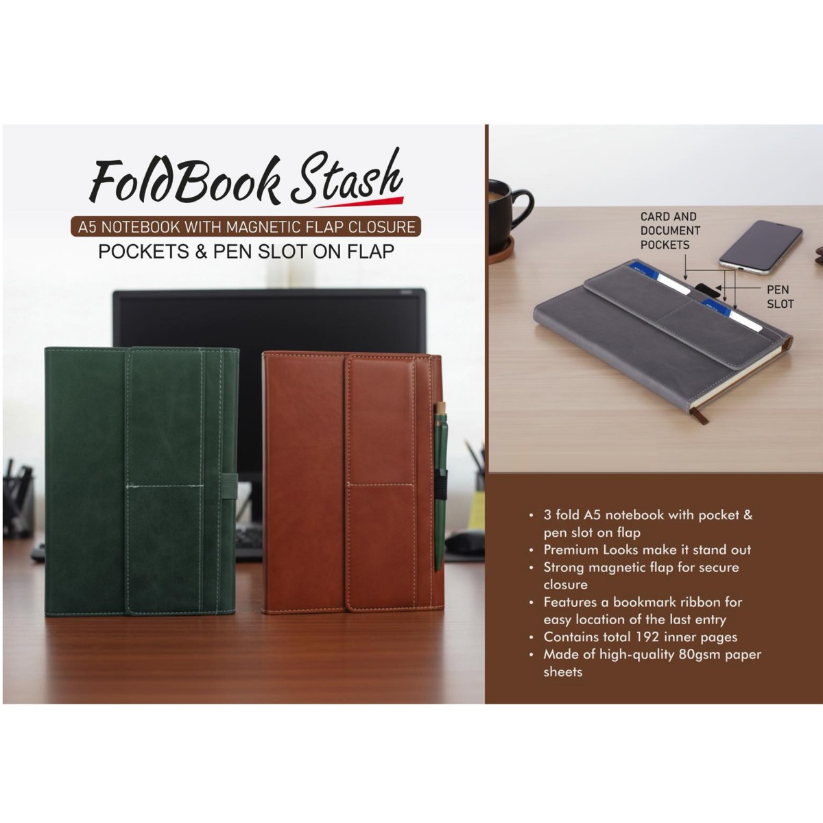 101-B202*FoldBook Stash A5 Notebook with magnetic flap closure Pockets