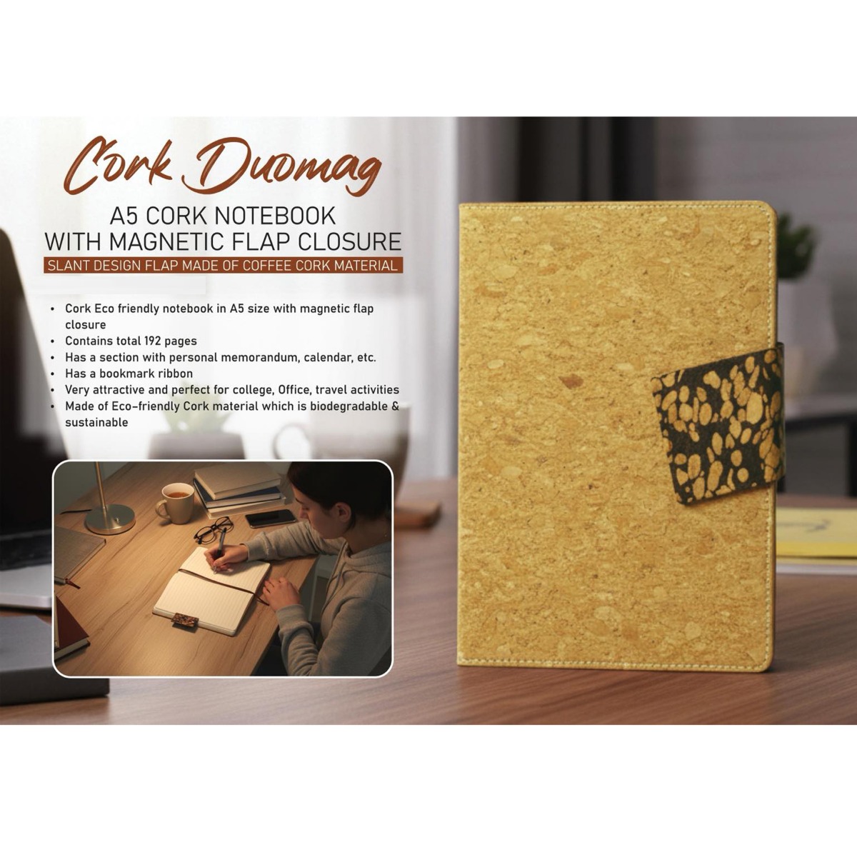 101-B203*Cork Duomag A5 Cork Notebook with magnetic flap closure