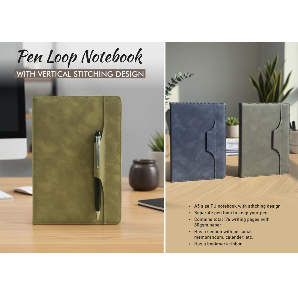 101-B204*Pen Loop notebook with Vertical Stitching design and bookmark ribbon