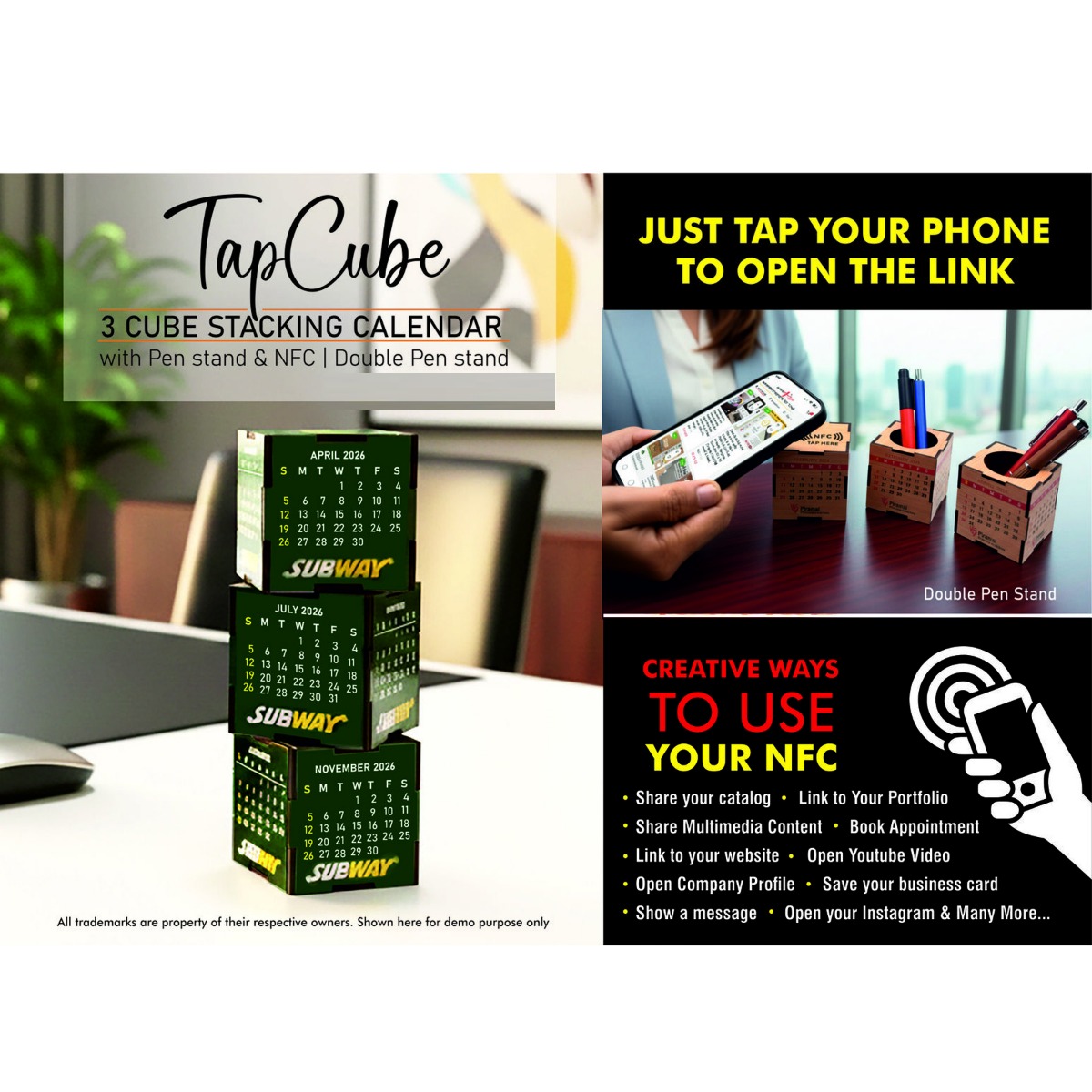 101-B207*TapCube 3 Cube Stacking Calendar with Pen stand  NFC