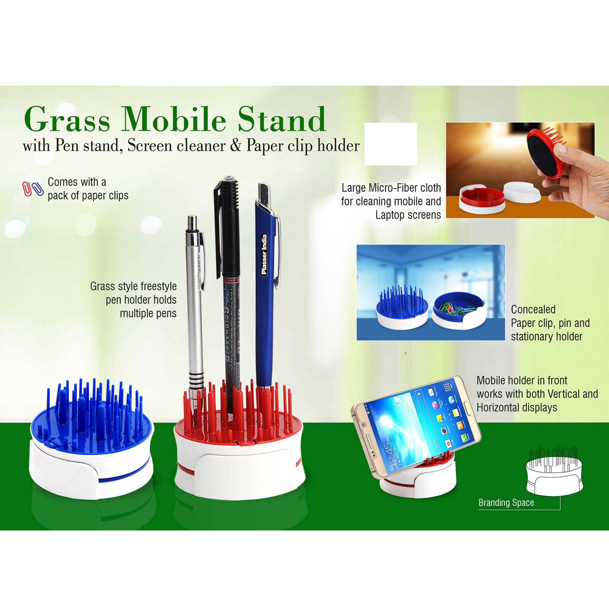 101-B54*Grass Mobile stand with Pen stand screen cleaner & paper clip holder