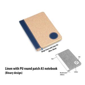 101-B78*Brown Linen with PU round patch A5 notebook (Binary design)