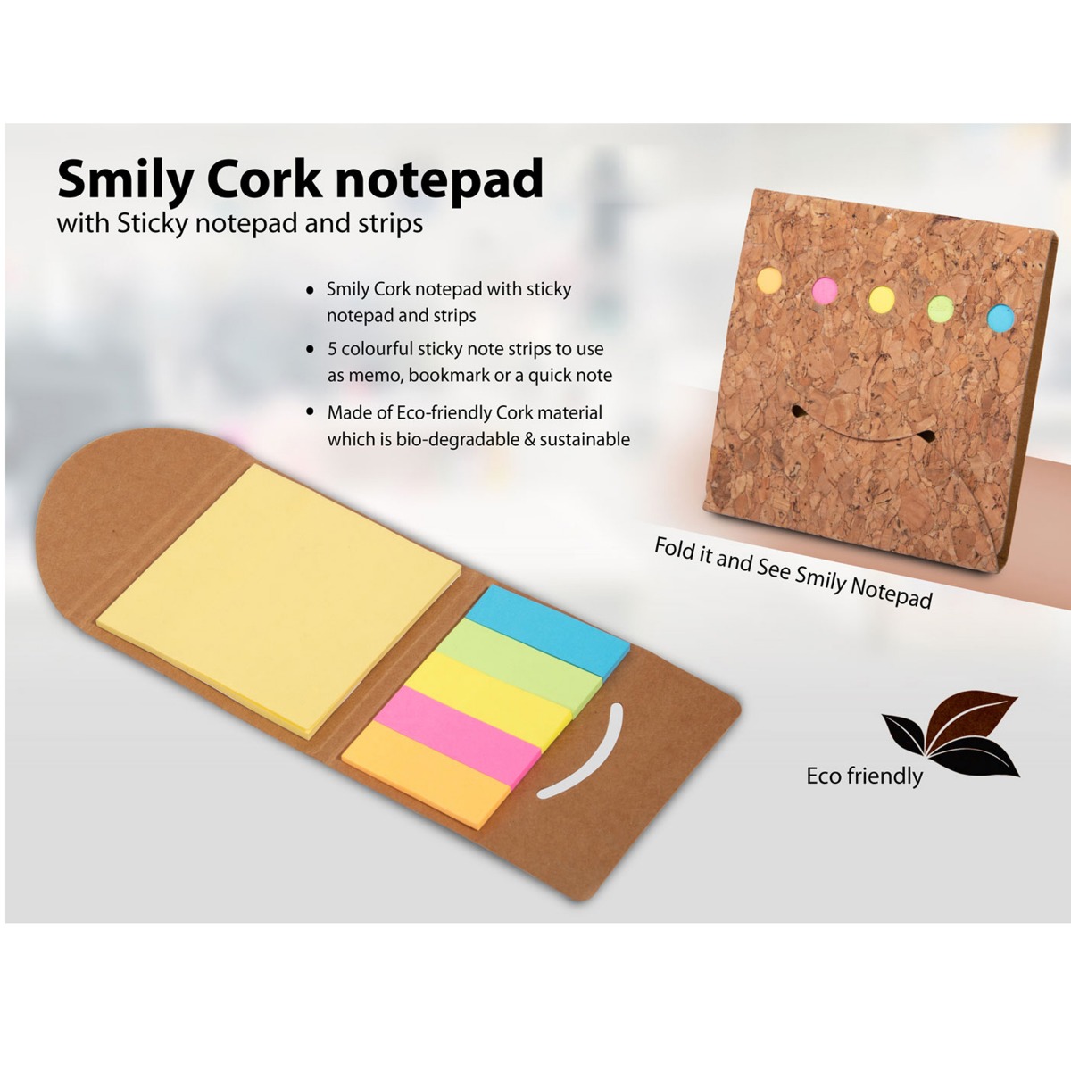 101-B97*Smiley Cork notepad with Sticky notepad and strips