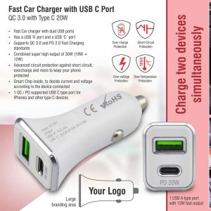 101-C155*Fast car charger with USB C port  QC 3.0 withType C 20W