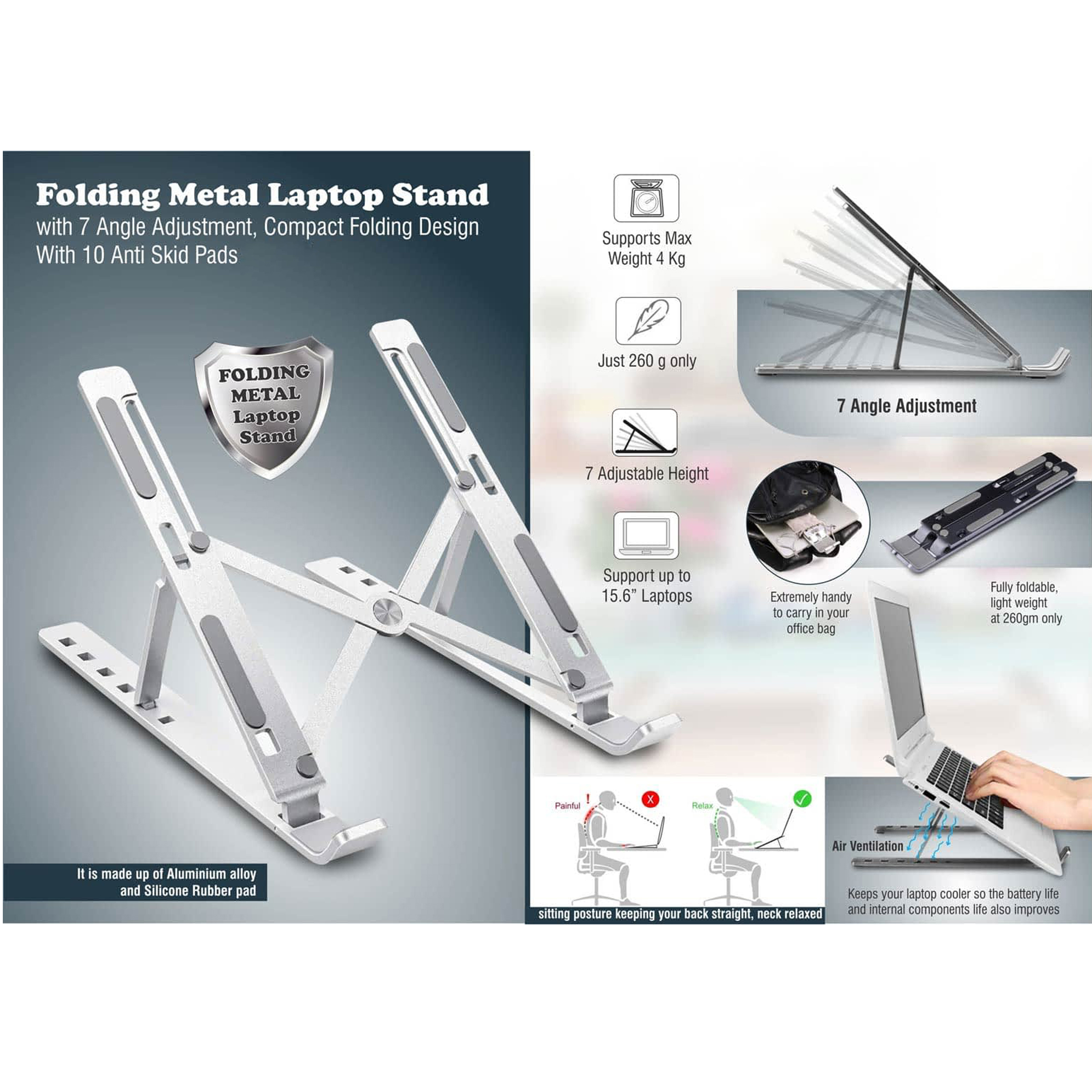 101-C159*Folding Metal Laptop stand with 7 angle adjustment Compact Folding design With 10 anti skid pads