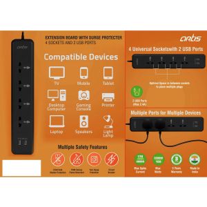 101-C173*Artis Extension board with surge protecter | 4 sockets and 2 USB ports (AR-4SSU-CB) 