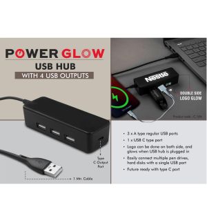 101-C184*PowerGlow USB hub with 4 USB outputs  Double side Logo Glow  Type C output port  1 mtr cable