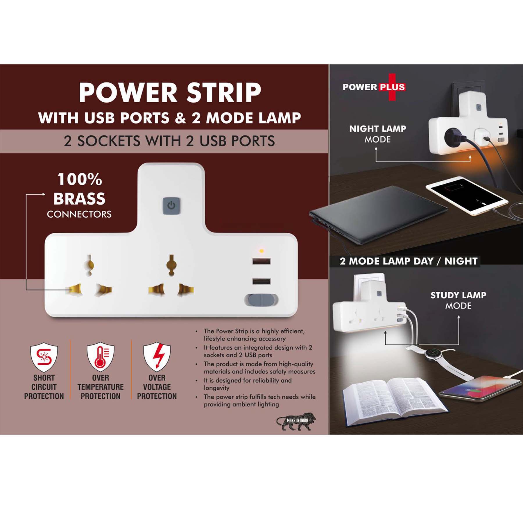 101-C186*Power Strip with USB ports & Night Lamp 2 sockets with 2 USB ports 2 mode lamp