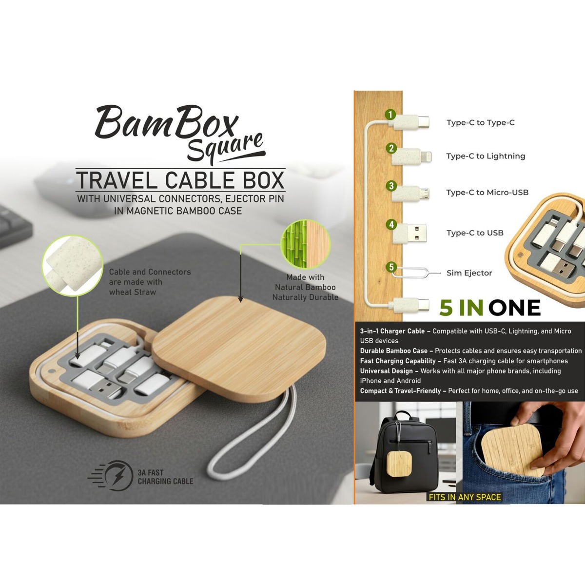 101-C218*BamBox Square Travel Cable box with universal connectors