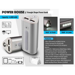101-C35*Power Plus Power House  Triangle shape Power Bank with Lamp and Torch Dual USB Port  6000 mAh 