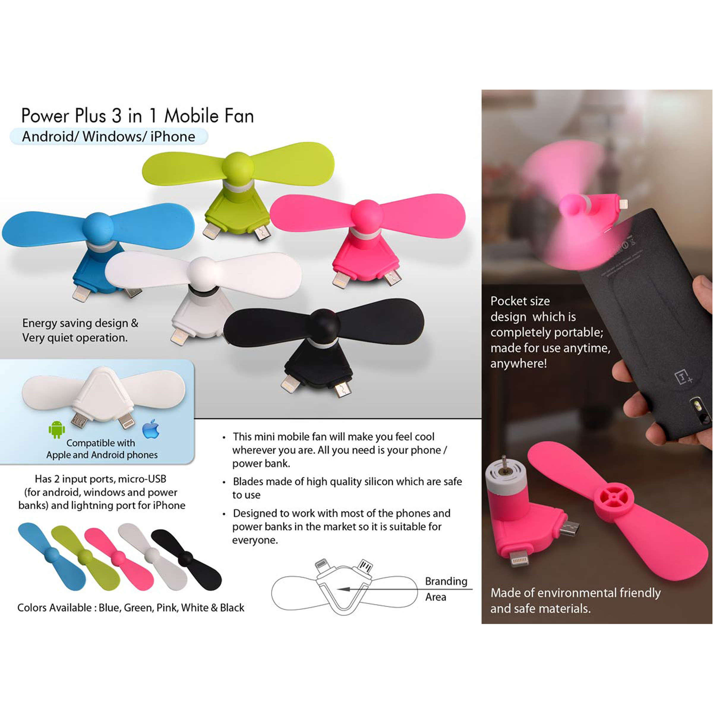 101-C40*Pocket Mobile Fan for anywhere Cooling Works with Micro USB iPhone & Type C ports