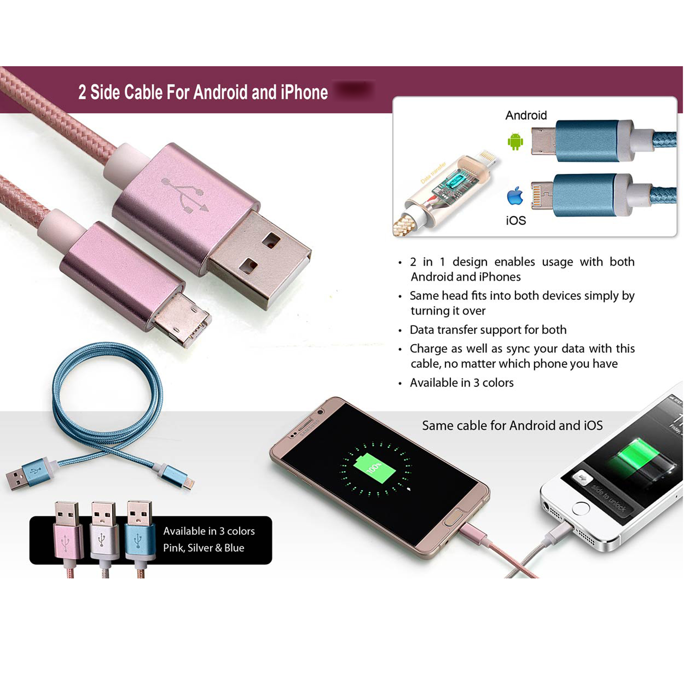 101-C47*2 side cable for Android and iPhone