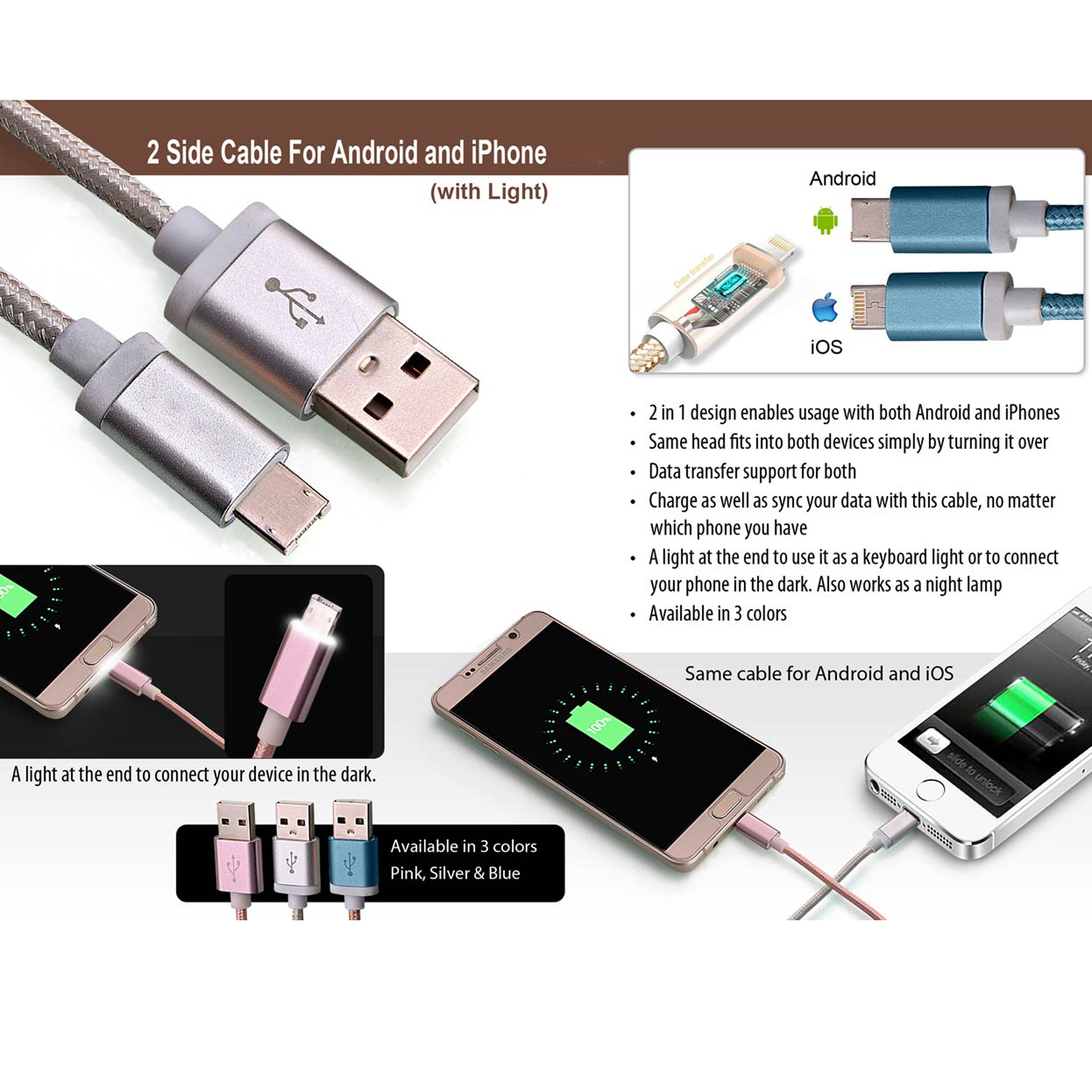 101-C49*2 side cable for Android and iPhone with light
