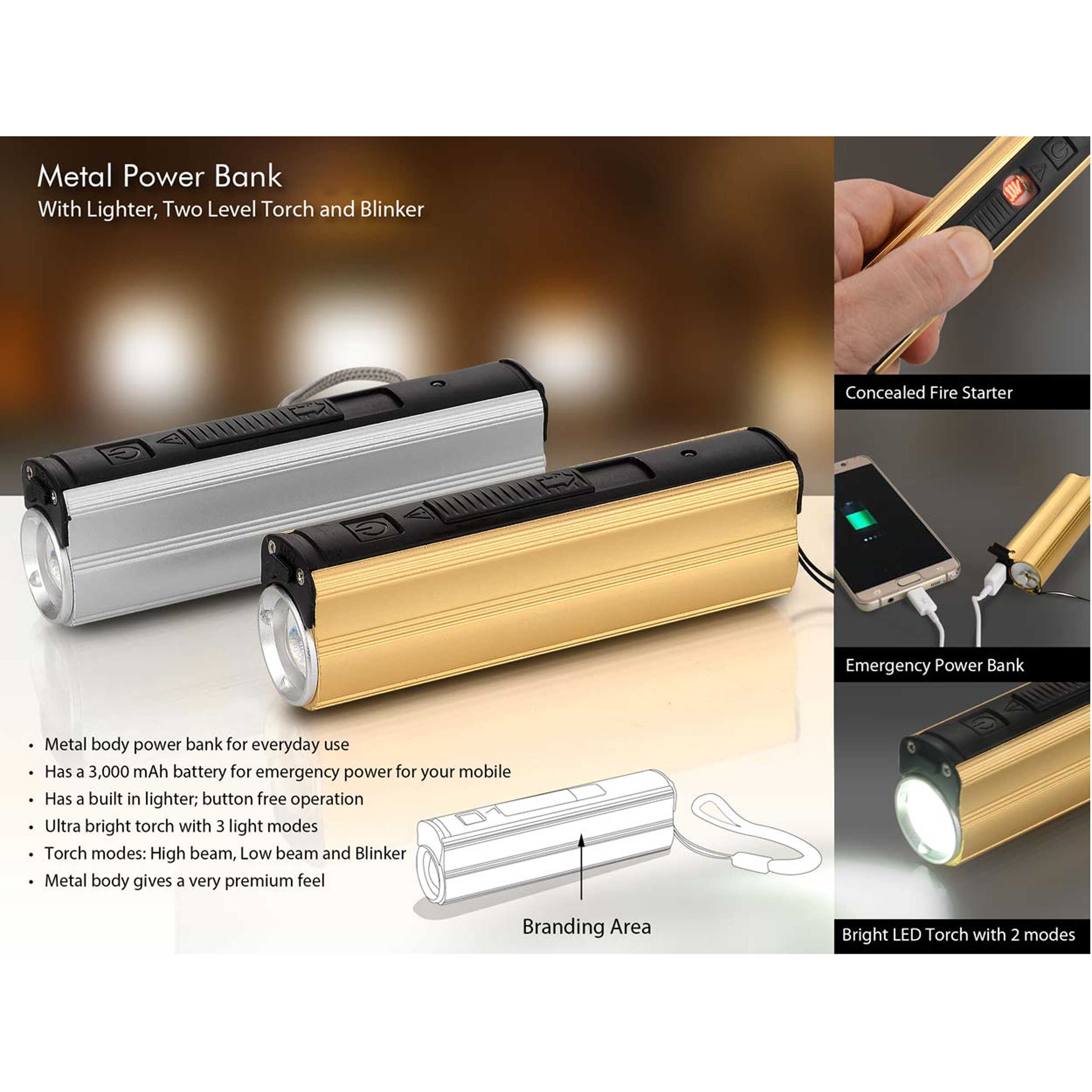 101-C51*Metal Power bank with Lighter two level Torch and blinker