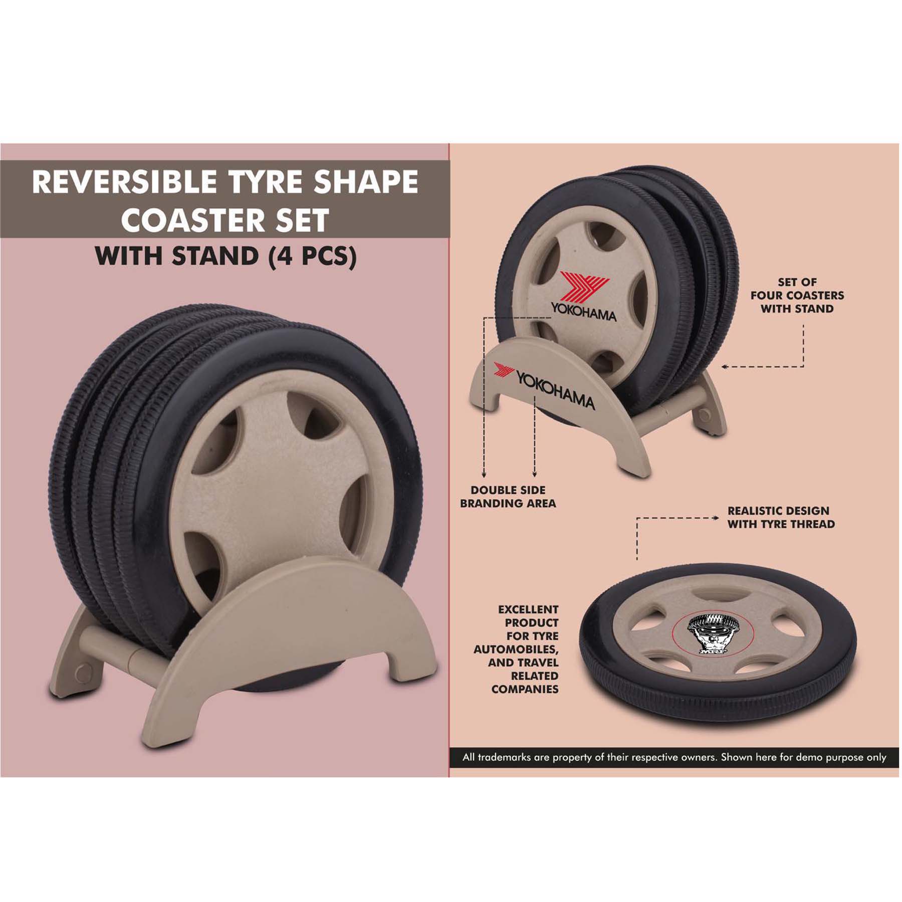 101-E112A*Reversible Tyre shape coaster set with stand 4 pcs