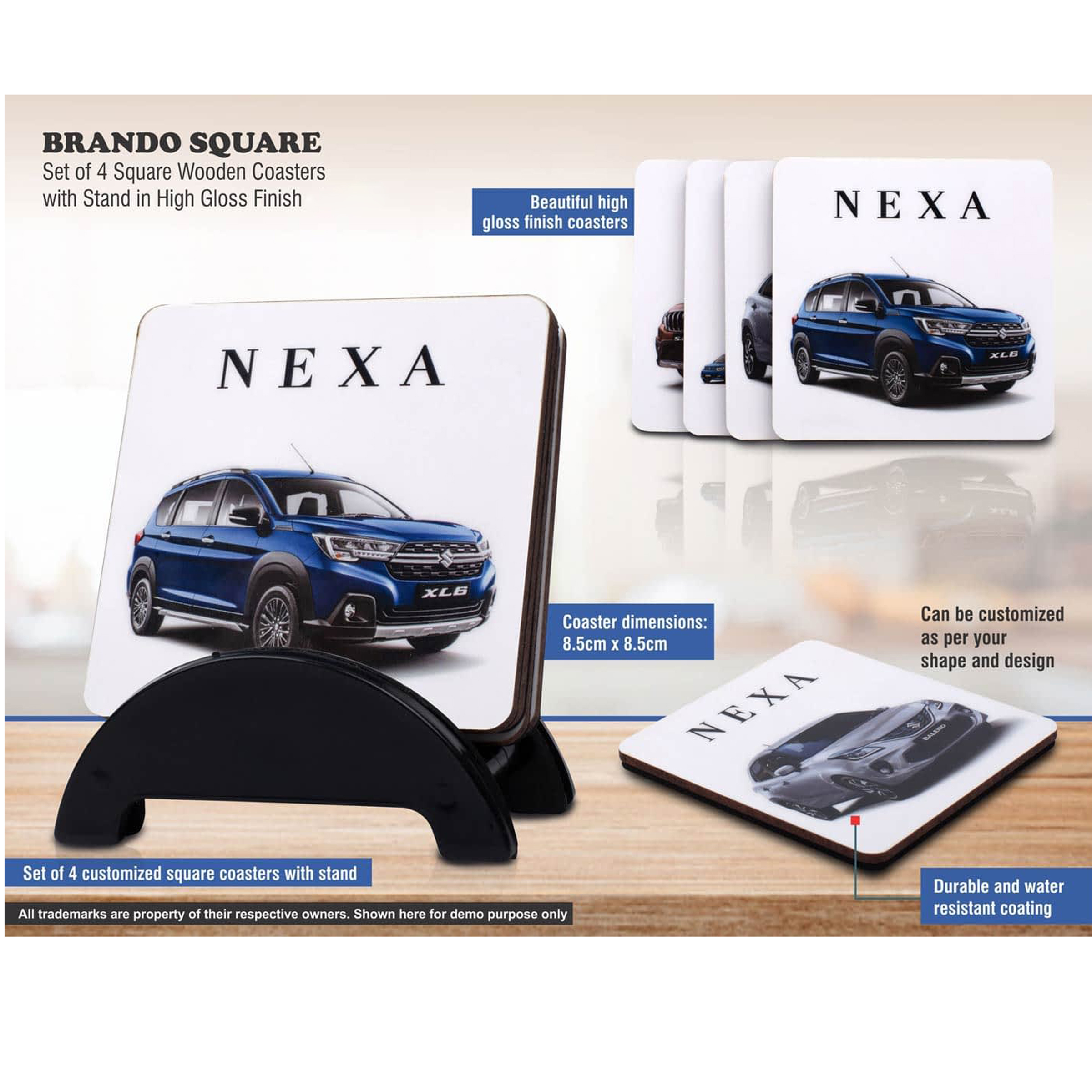 101-E308*Brando Square Set of 4 Square Wooden coasters with Stand in High Gloss Finish MOQ 100 pcs