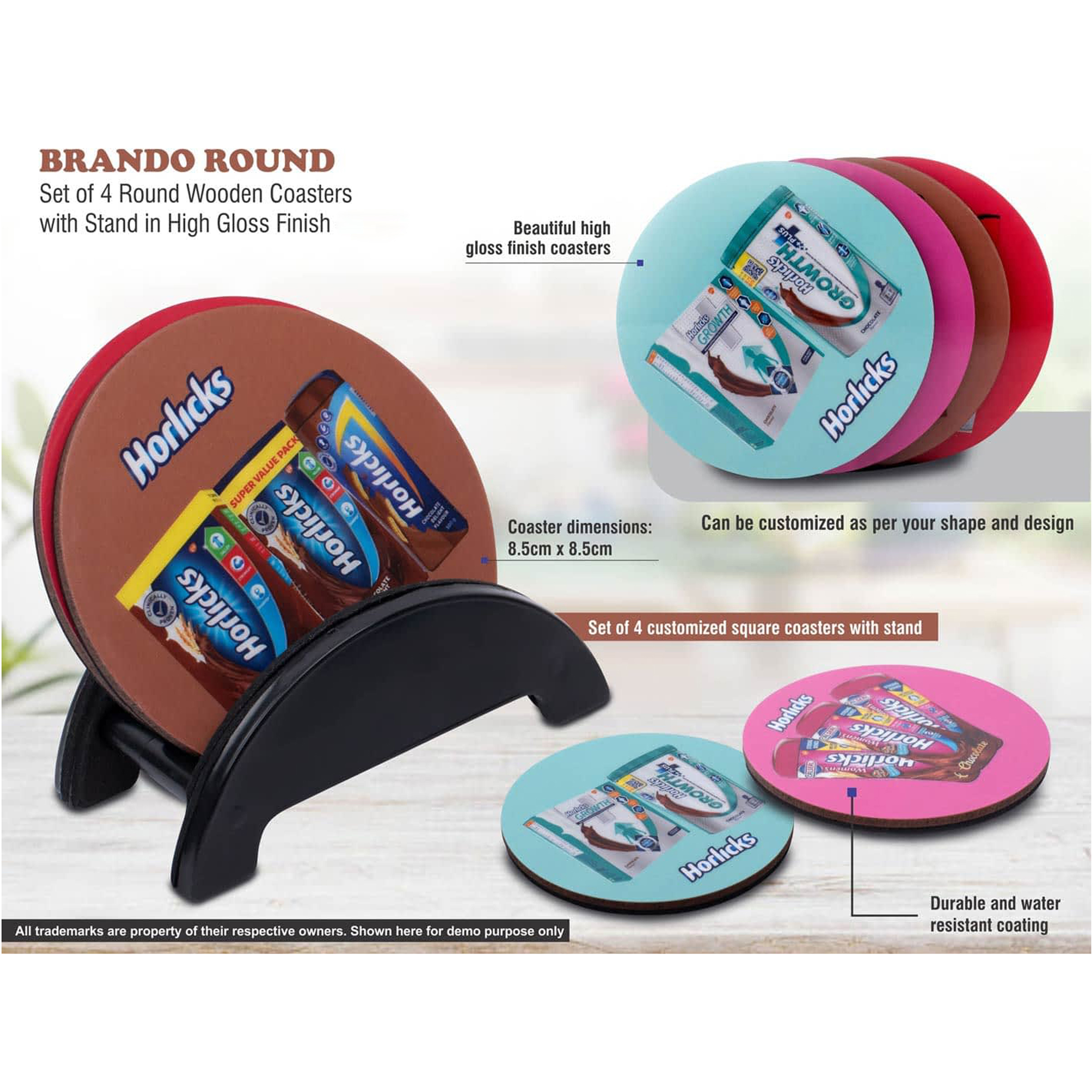 101-E310*Brando Round Set of 4 Round Wooden coasters with Stand in High Gloss Finish MOQ 100 pcs