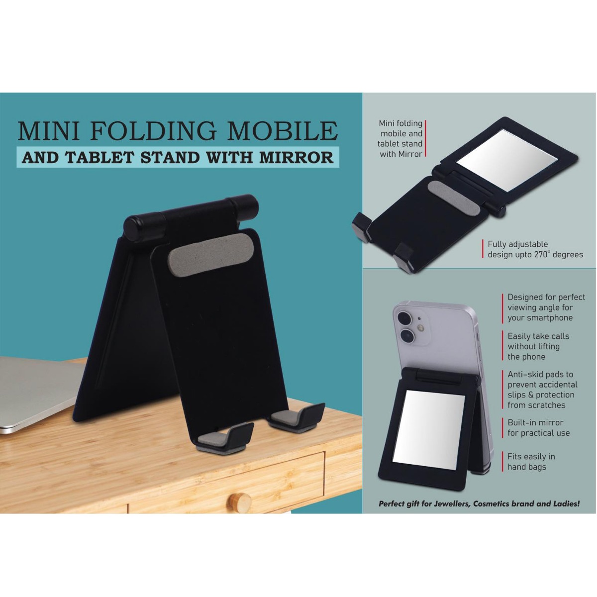 101-E362*Mini metal folding mobile and tablet stand with Mirror Adjustable