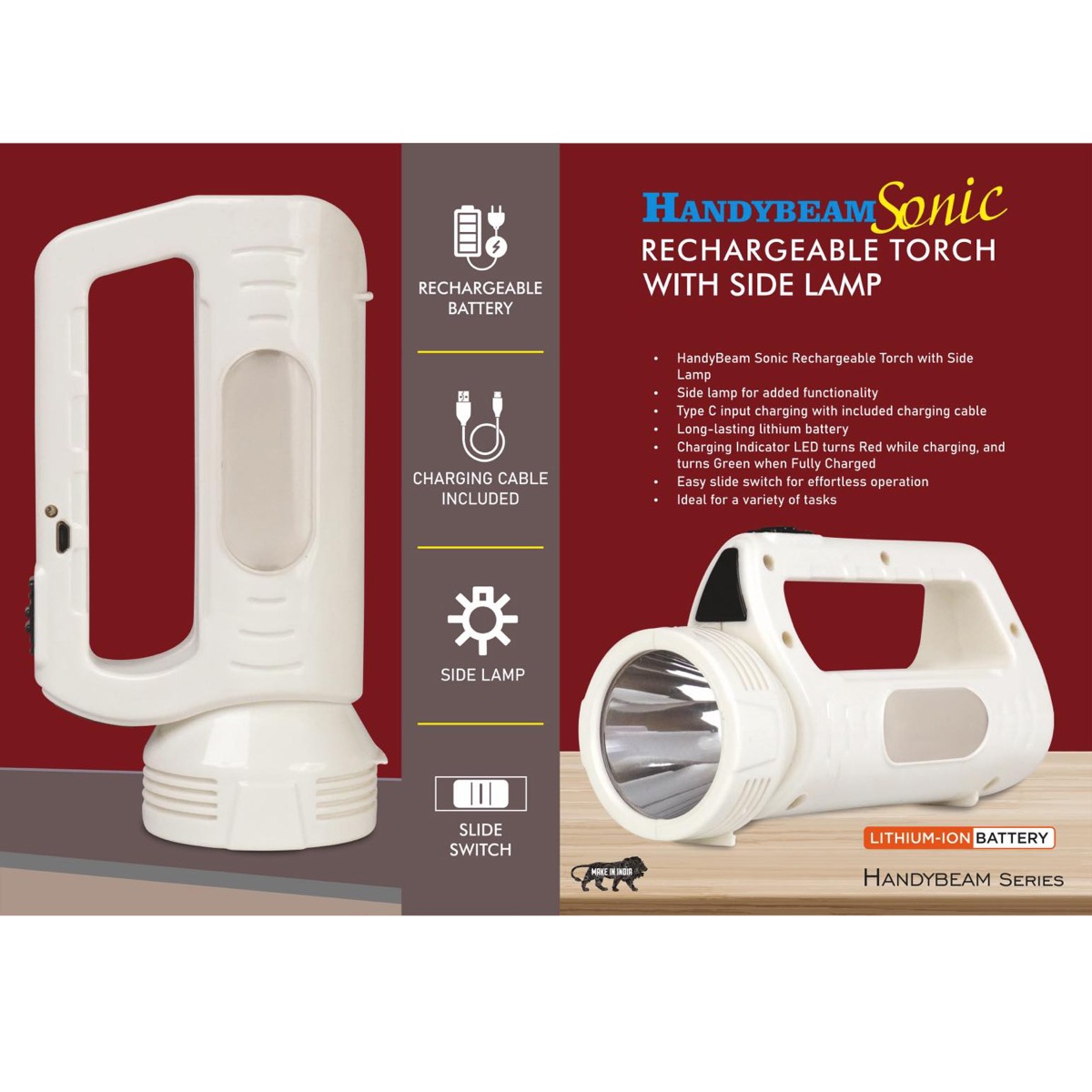 101-E366*HandyBeam Sonic Rechargeable Torch with Side Lamp Charging Cable included