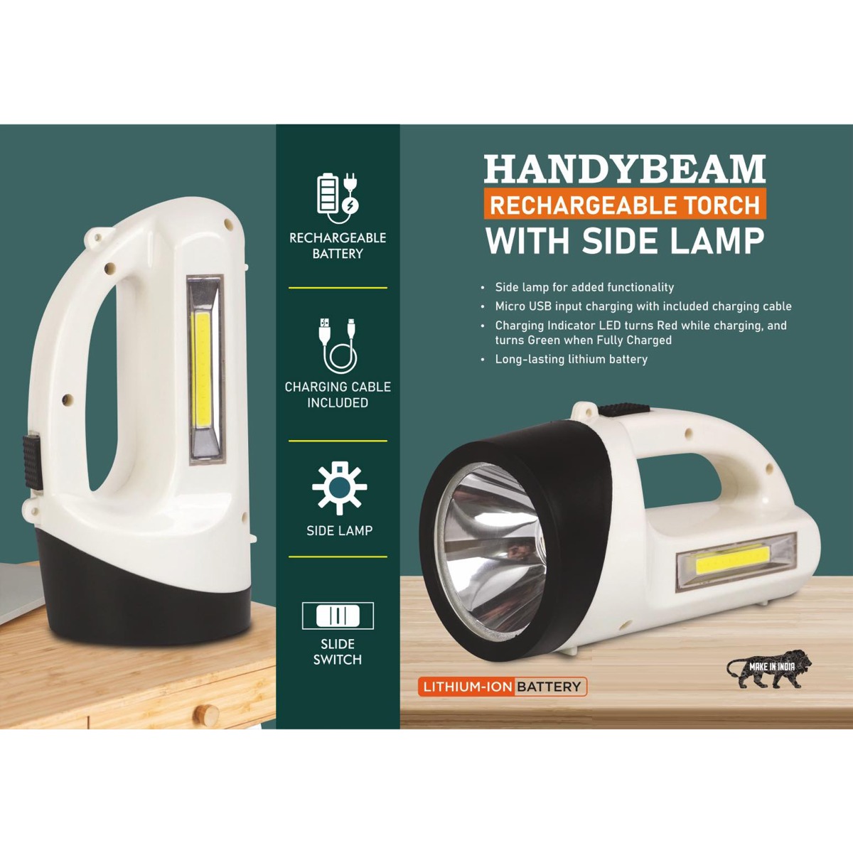 101-E367*HandyBeam Rechargeable Torch with Side Lamp Charging Cable included