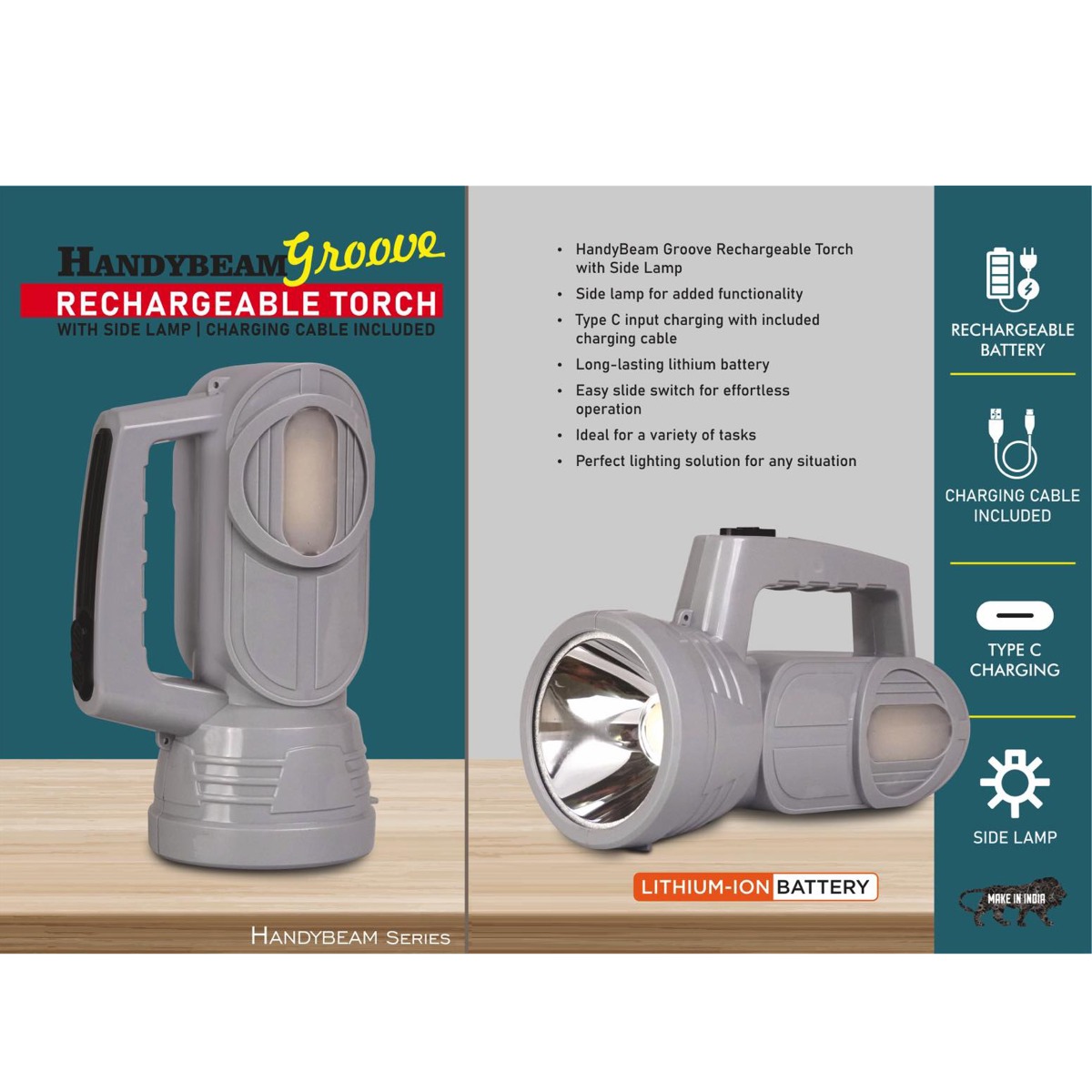 101-E369*HandyBeam Groove Rechargeable Torch with Side Lamp Charging Cable included