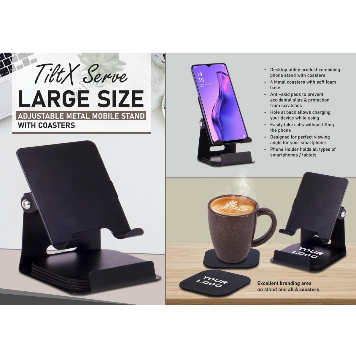101-E391*TiltX Serve Large size Adjustable metal mobile stand with table coasters 4 metal coasters