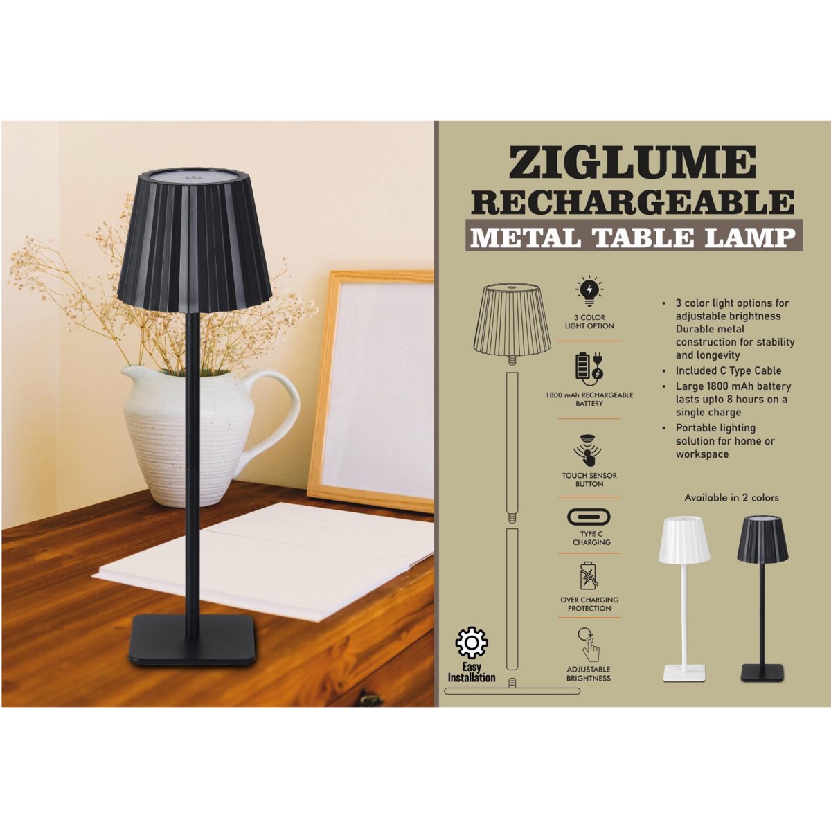 101-E394*ZigLume Rechargeable Metal Table Lamp 2000 mAh 