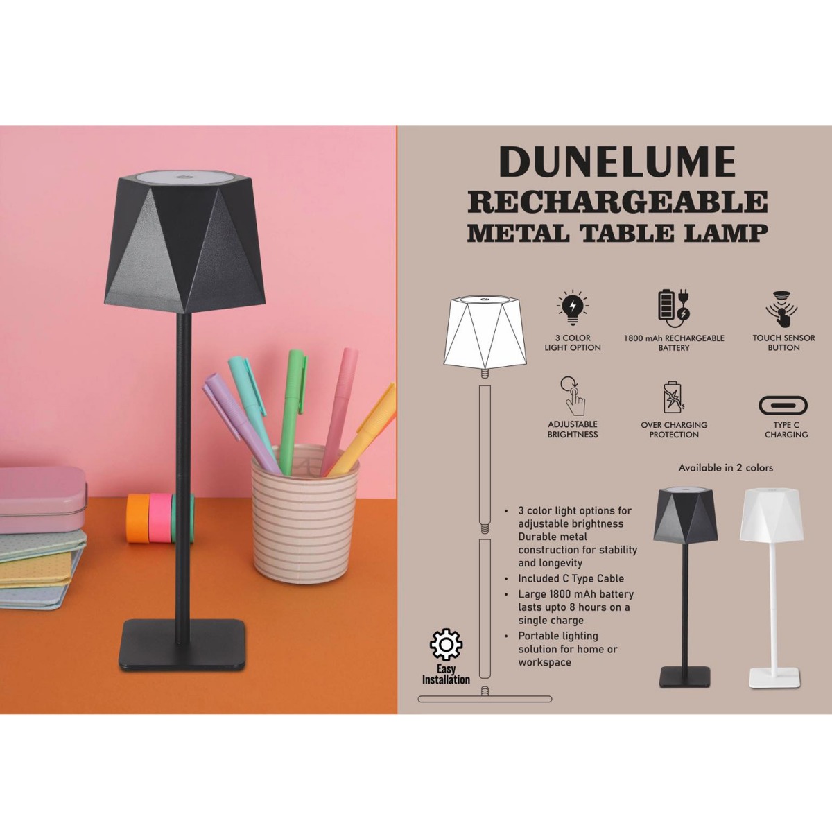 101-E395*DuneLume Rechargeable Metal Table Lamp 2000 mAh