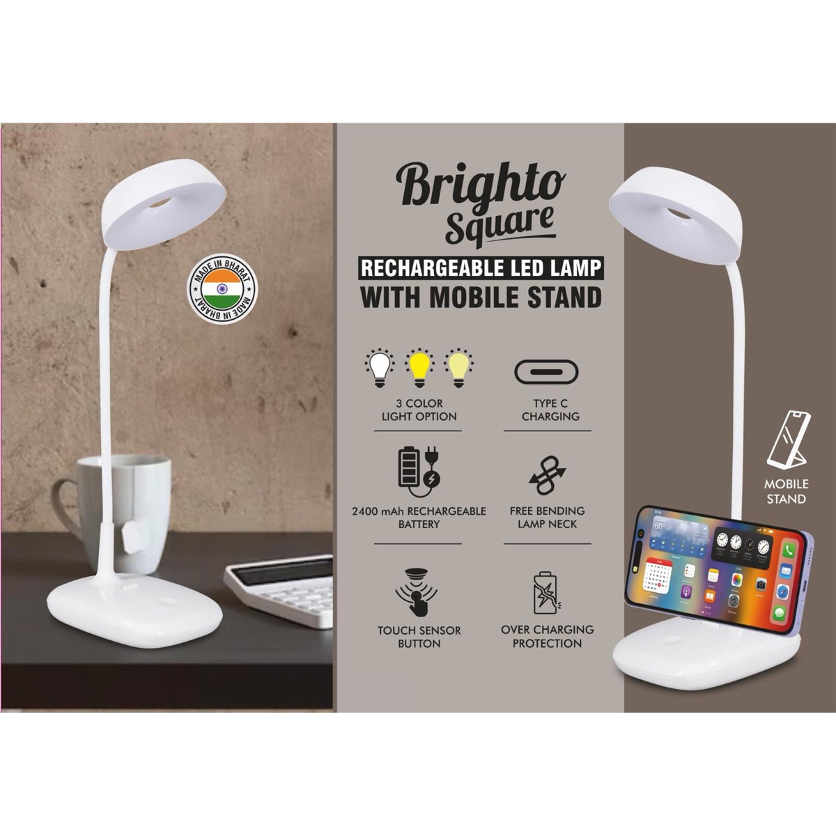 101-E396*Brighto Square Rechargeable LED Lamp 