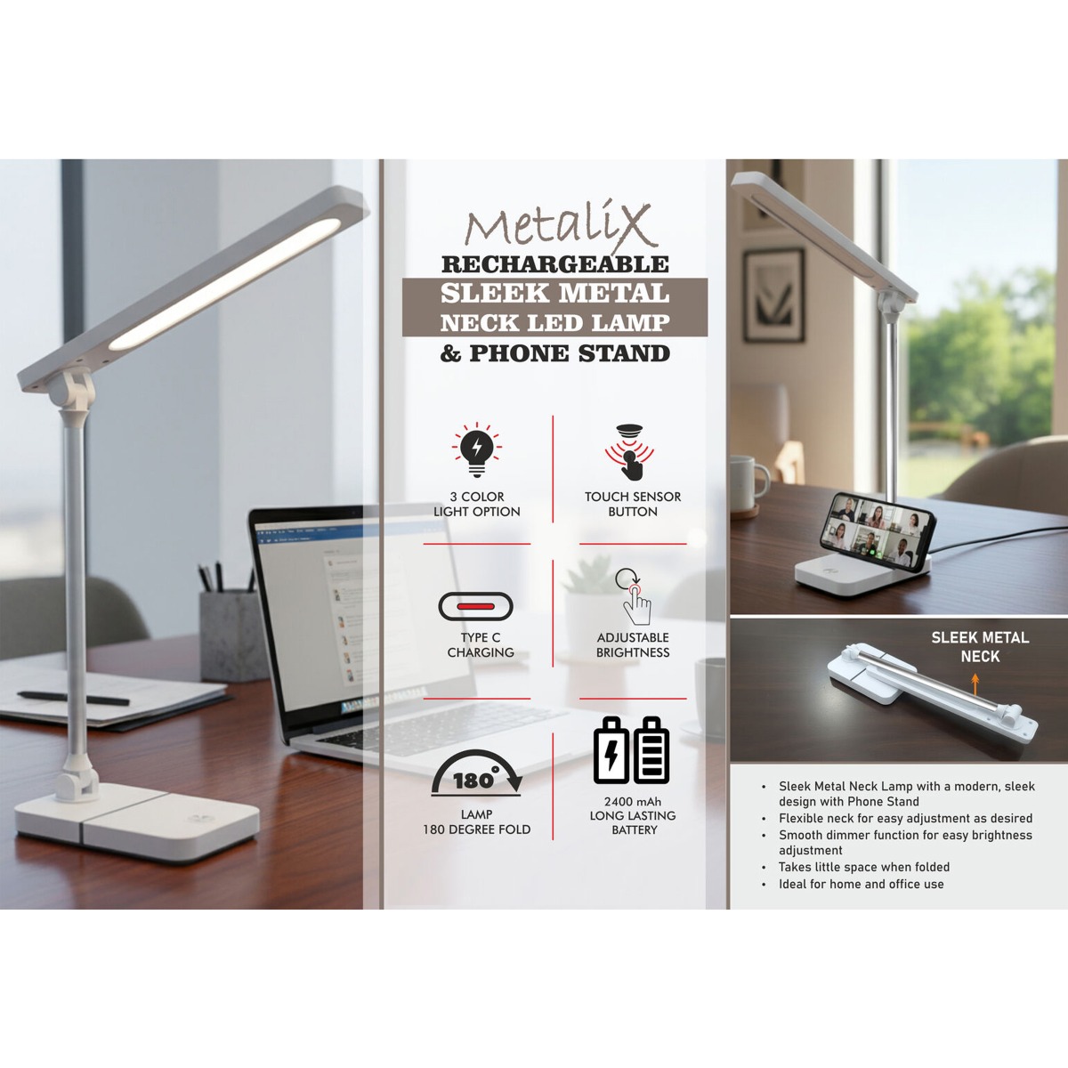 101-E398*Metalix Rechargeable Sleek metal neck LED lamp & Phone stand 